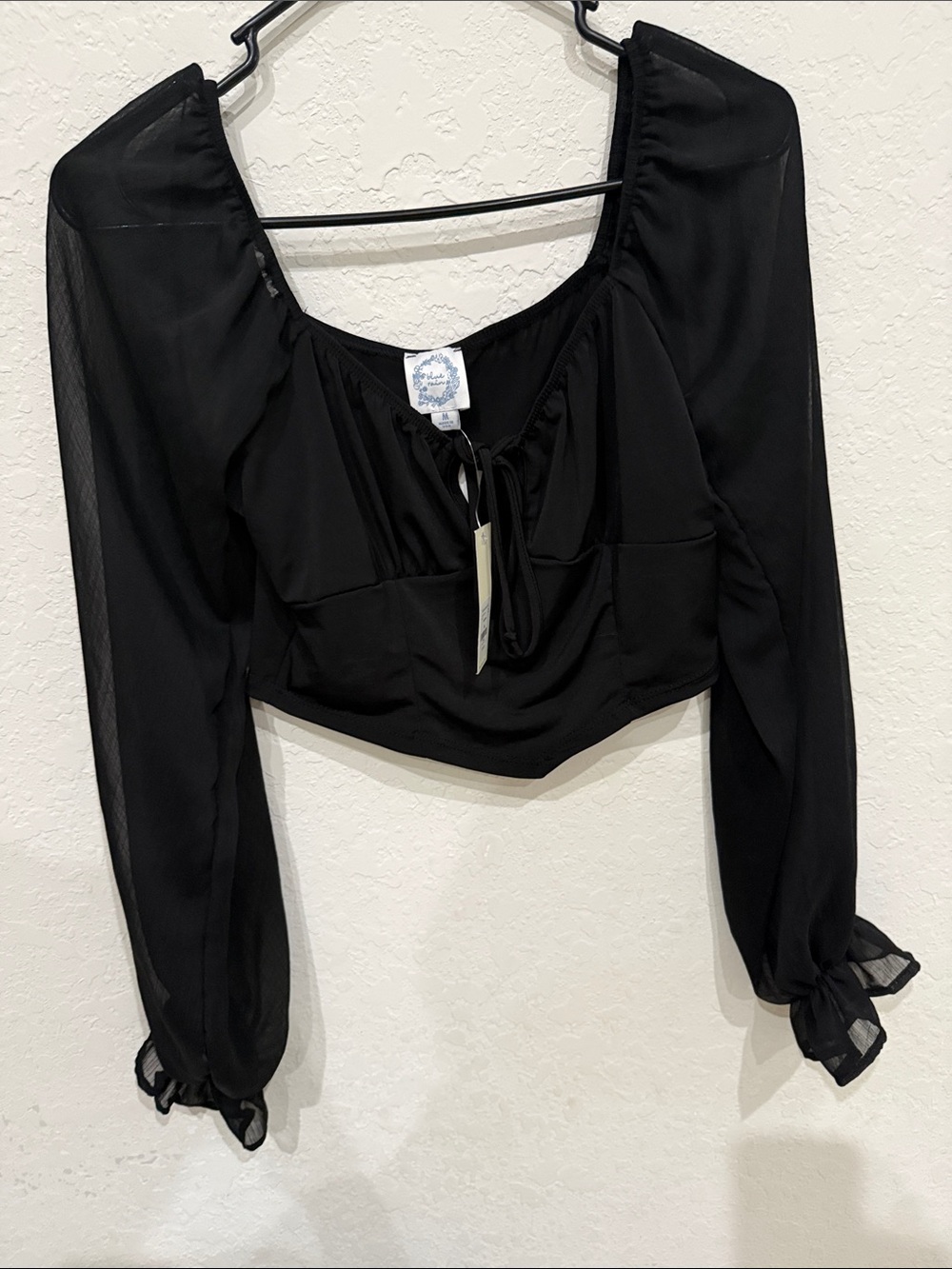 Blue Rain Black Long-Sleeve Tie-Front Crop Top